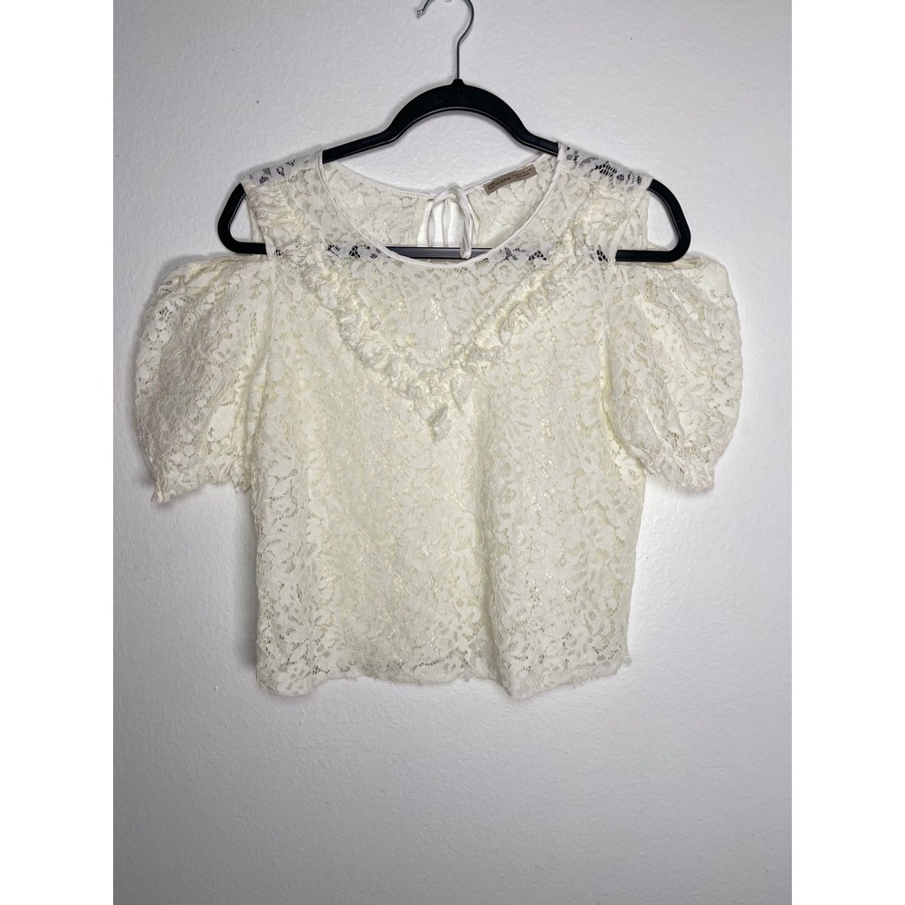 Zara Woman Basic Cream Floral Lace Cold Shoulder Puff Sleeve Ruffle Top Medium